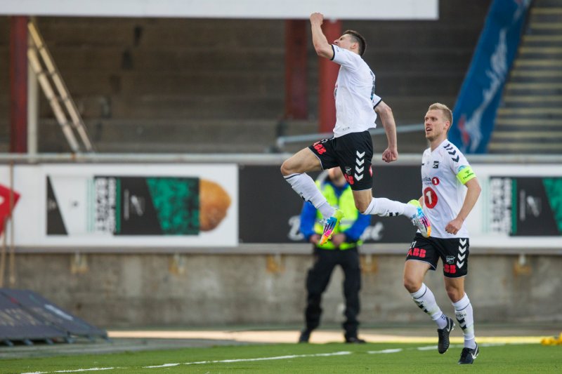 Odds Elbasan Rashani jubler i eliteseriekampen i fotball mellom Odd og Start på Skagerak Arena.Foto: Trond Reidar Teigen / NTB scanpix