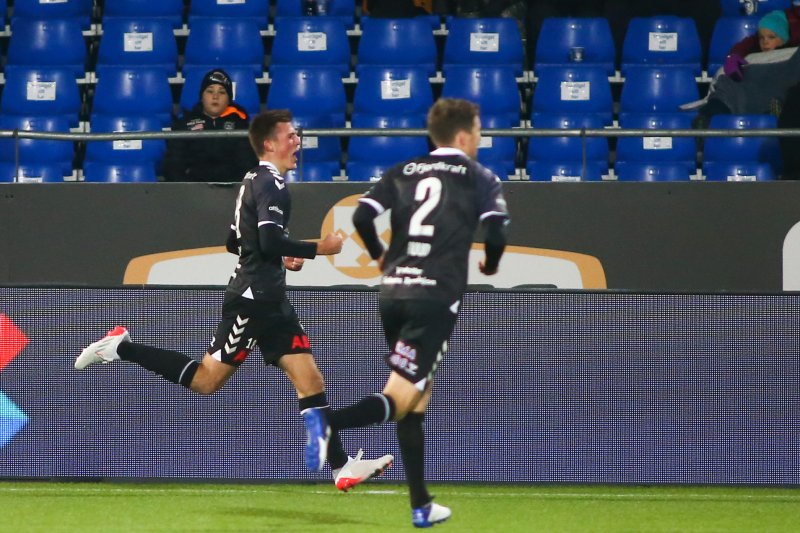 Syver Aas jubler etter sin redusering under eliteseriekampen mellom Sarpsborg 08 og Odd. Foto: Christoffer Andersen / NTB