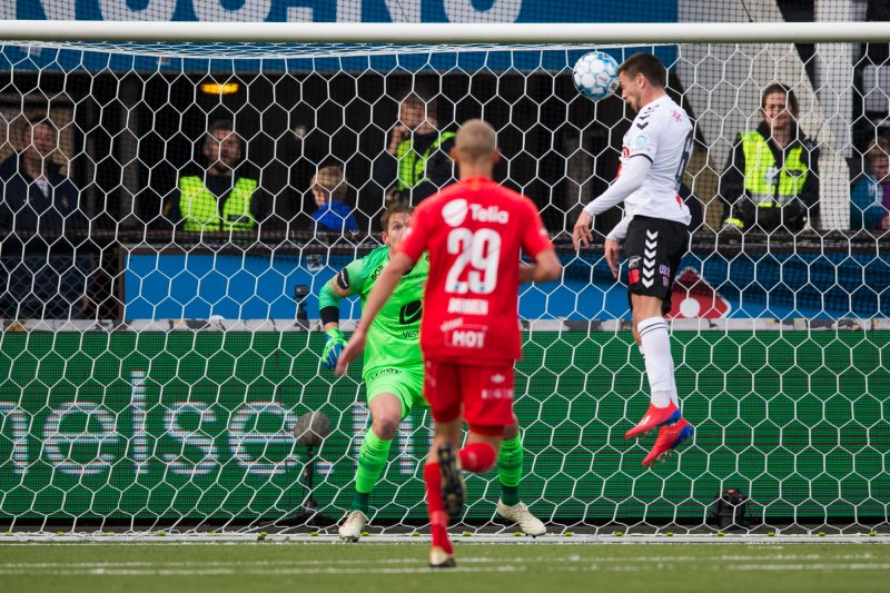 Eliteserien fotball 2019: Odd - Brann. Vebjørn Hoff scorer for Odd i eliteseriekampen i fotball mellom Odd og Brann på Skagerak Arena.Foto: Trond Reidar Teigen / NTB scanpix