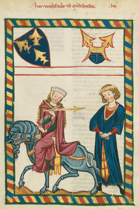 Fin dame holder en pil bakover mot minnesangeren. Øverst er det skjold og hjelm med pilodder (Codex Manesse, &laquo;Grosse Heidelberger Liederhandschrift&raquo;, ca. 1310)